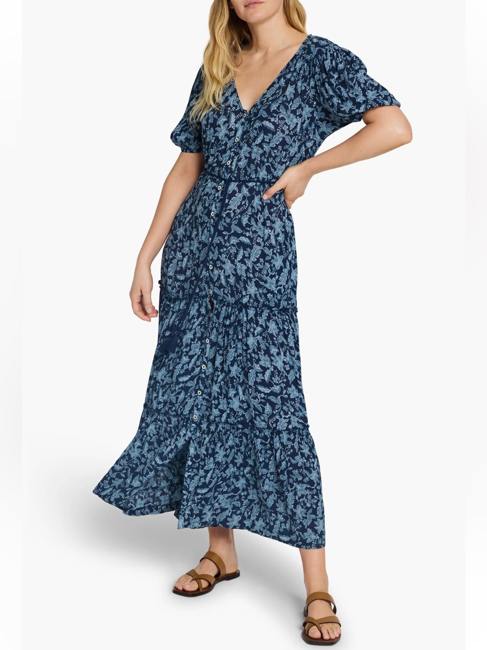 Faherty Orinda Floral Maxi Dress Dark Blue & Light Blue Boho Tassels Size M